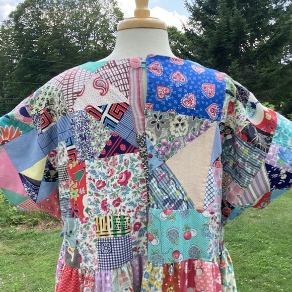 Upcycled vintage crazy patchwork quilt babydoll mid length lined dress Med to XL - Picture 7 of 16